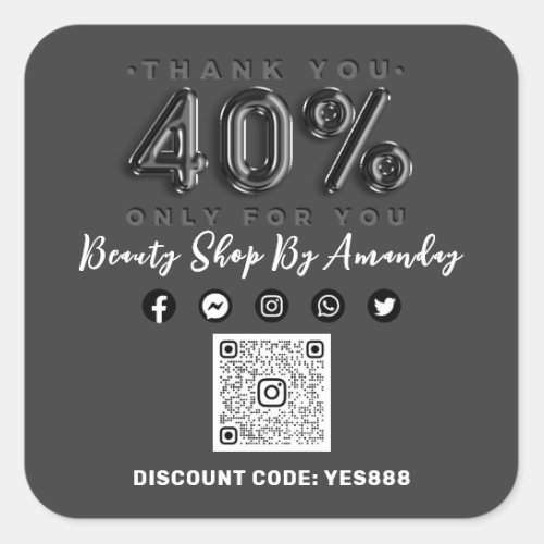 Thank 40 Off QR CODE Logo Discount Gray Black Square Sticker