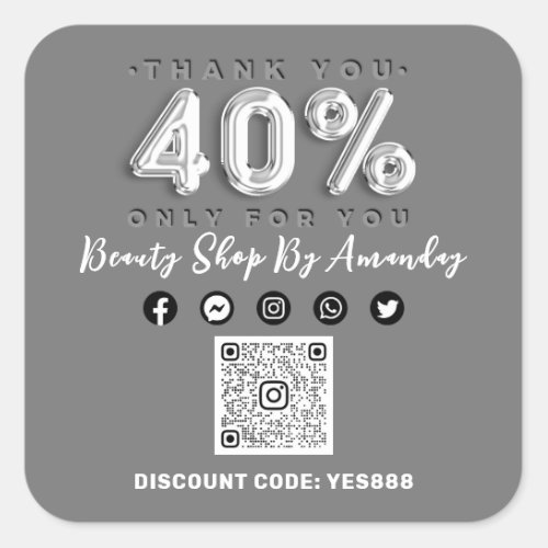 Thank 40 Off QR CODE Logo Discount Gray Silver Square Sticker