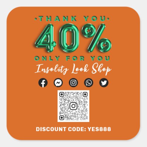 Thank 40 Off QR CODE Logo Discount Green Orange Square Sticker