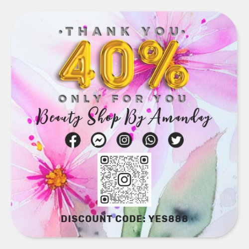 Thank 40 Off QR CODE Logo Discount Pink Flowers Square Sticker