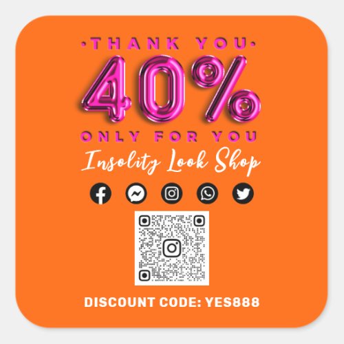 Thank 40 Off QR CODE Logo Discount Pink Orange Square Sticker