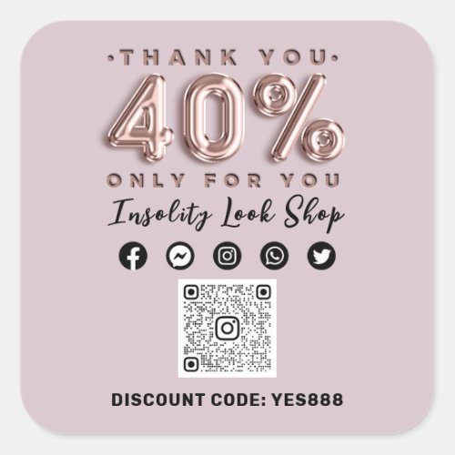 Thank 40 Off QR CODE Logo Discount Pink Rose Square Sticker