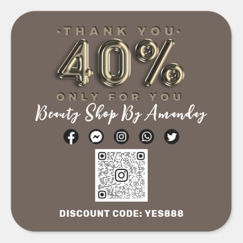 Thank 40 Off QR CODE Logo Discount Sepia Gold Square Sticker
