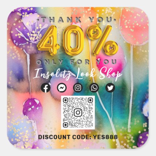 Thank 40Off QRCODE Logo Discount Code Floral Gold Square Sticker