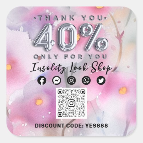 Thank 40Off QRCODE Logo Discount Code Floral Gray Square Sticker