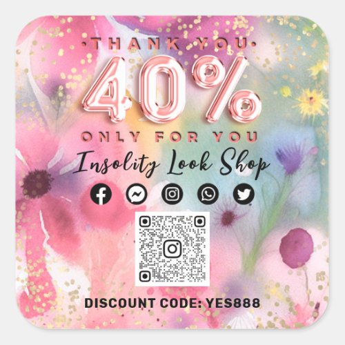 Thank 40Off QRCODE Logo Discount Code Floral Pink Square Sticker