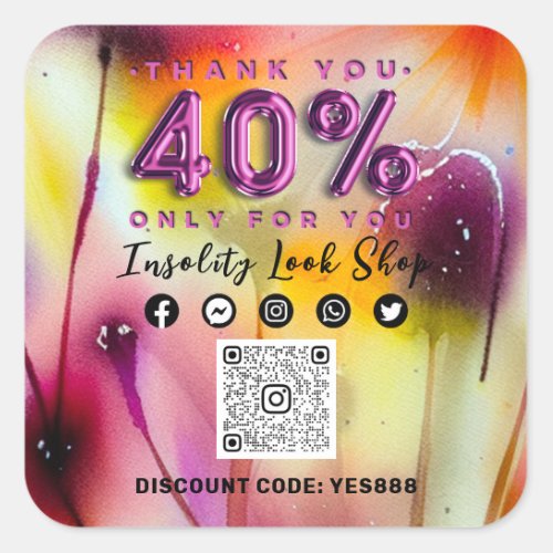 Thank 40 Off QRCODE Logo Discount Floral Berry Square Sticker