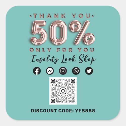 Thank 50 Off QR CODE Logo Discount Aqua Blue Rose Square Sticker