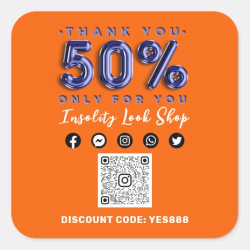 Thank 50 Off QR CODE Logo Discount Blue Orange Square Sticker