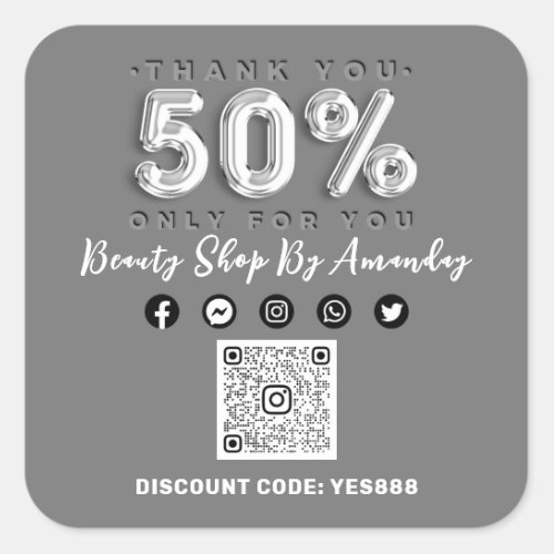 Thank 50 Off QR CODE Logo Discount Gray Silver Square Sticker