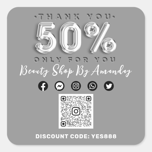 Thank 50% Off QR CODE Logo Discount Gray Silver Square Sticker (Front)