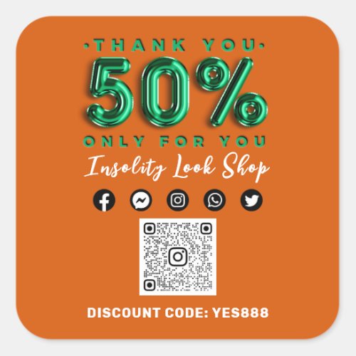 Thank 50 Off QR CODE Logo Discount Green Orange Square Sticker
