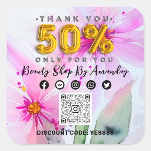 Thank 50 Off QR CODE Logo Discount Pink Flowers Square Sticker