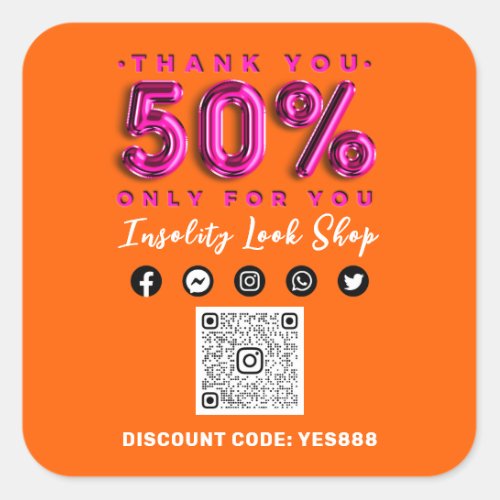 Thank 50 Off QR CODE Logo Discount Pink Orange Square Sticker