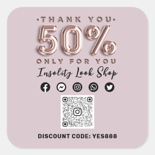 Thank 50 Off QR CODE Logo Discount Pink Rose Square Sticker