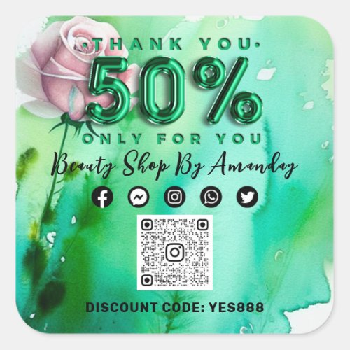 Thank 50 Off QR CODE Logo Discount Rose Green Square Sticker