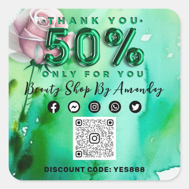 Thank 50% Off QR CODE Logo Discount Rose Green Square Sticker (Front)