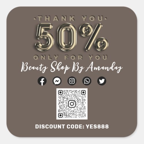 Thank 50 Off QR CODE Logo Discount Sepia Gold Square Sticker