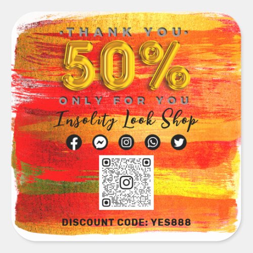 Thank 50 Off QRCODE Logo Discount Gold Red Stroke Square Sticker