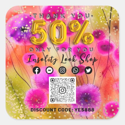 Thank 50Off QRCODE Logo Discount Pink Floral Gold Square Sticker