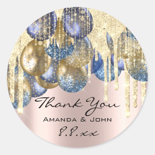 Thank BirthdaWedding Ballon Blue Navy Drip Rose Classic Round Sticker