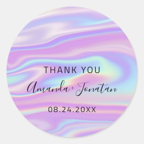 Thank Blush Name Date Black White Holographic Classic Round Sticker