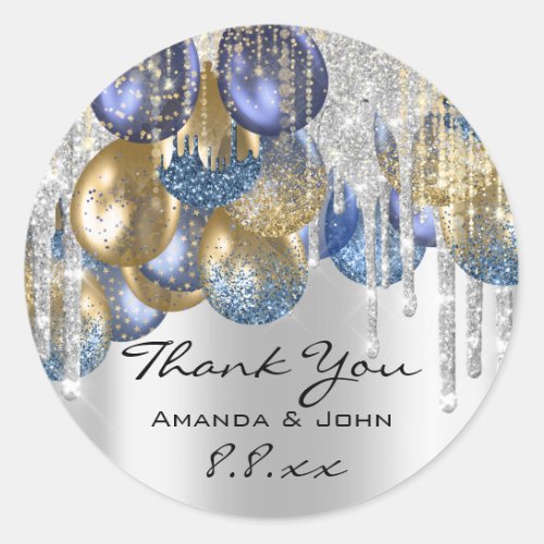 Thank Bridal Wedding Ballon Blue Navy Drips Silver Classic Round Sticker