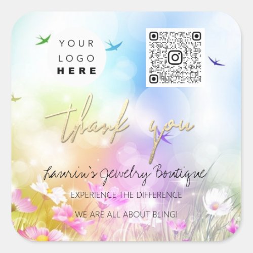 Thank Business Name Logo Qr Code Floral Spring Square Sticker