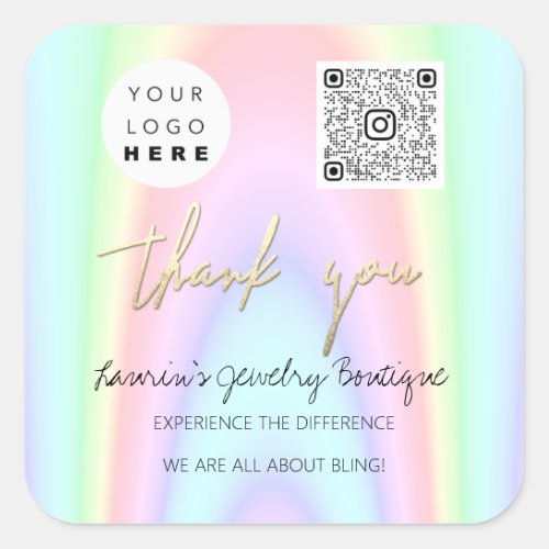 Thank Business Name Logo Qr Code Shop Holographic Square Sticker