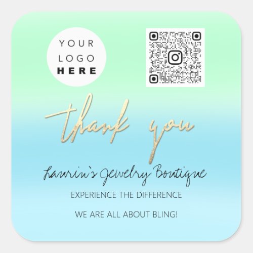 Thank Business Name Logo Qr Shop Blue Mint Green Square Sticker