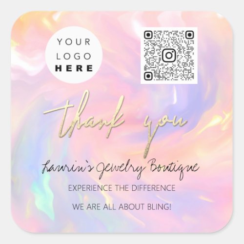 Thank Business Name Logo Qr Shop Holograph Pink Square Sticker