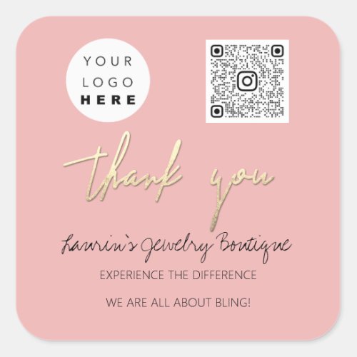 Thank Business Name Logo QrCode Online Shop Blush Square Sticker