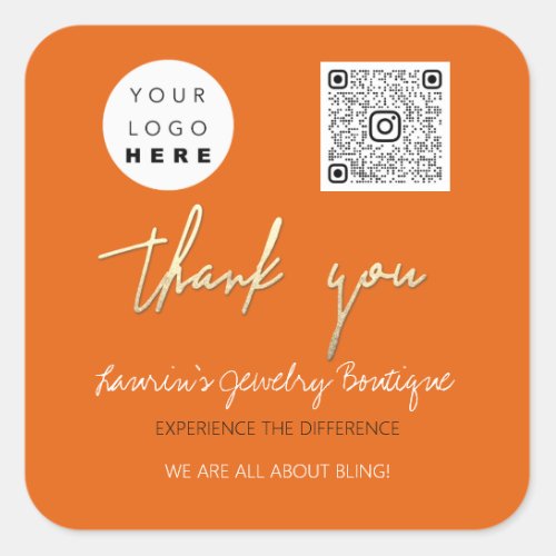 Thank Business Name Logo QrCode Online Shop Orange Square Sticker