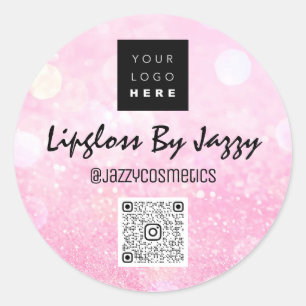 Thank Business Packaging Pink Glitter QR Code Logo Classic Round Sticker