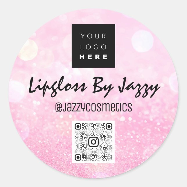 Thank Business Packaging Pink Glitter QR Code Logo Classic Round Sticker (Front)