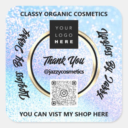 Thank Business QR Code Logo Blue Glitter  Square Sticker