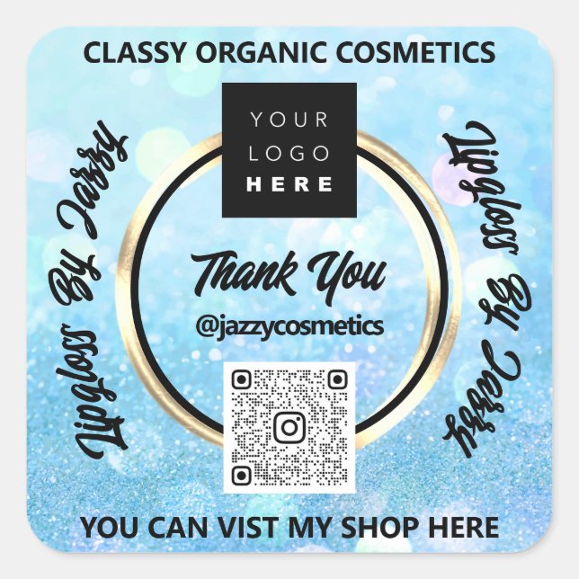 Thank Business QR Code Logo Blue Spark Glitter Square Sticker (Front)