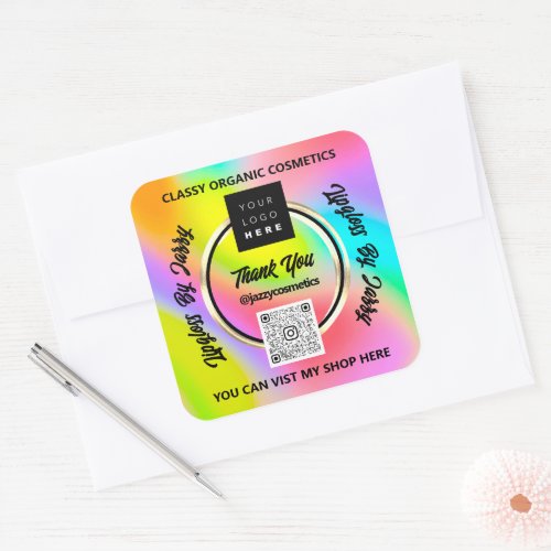 Thank Business QR Code Logo Holographic Gold Pink Square Sticker