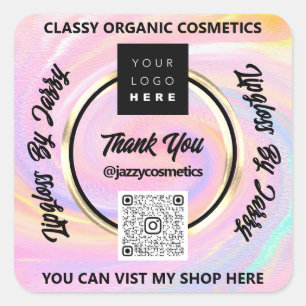 Thank Business QR Code Logo Holographic Gold Square Sticker