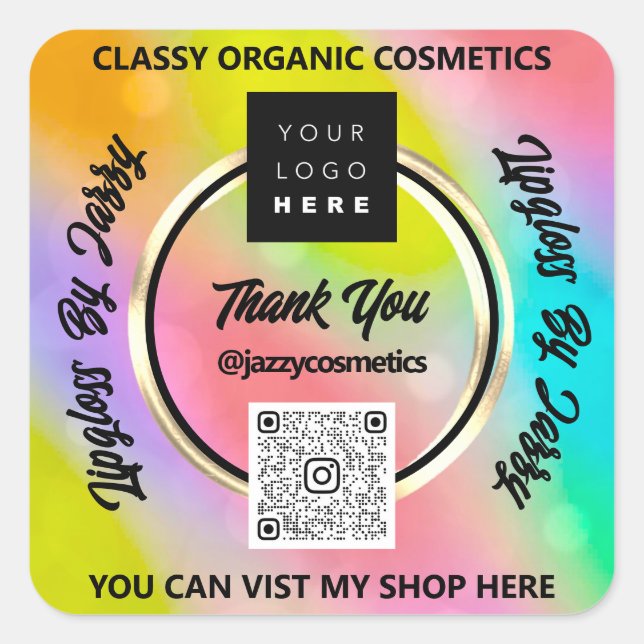 Thank Business QR Code Logo Holographic Rainbow Square Sticker (Front)