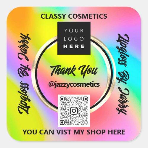 Thank Business QR Code Logo Pink Holograph Pink Square Sticker