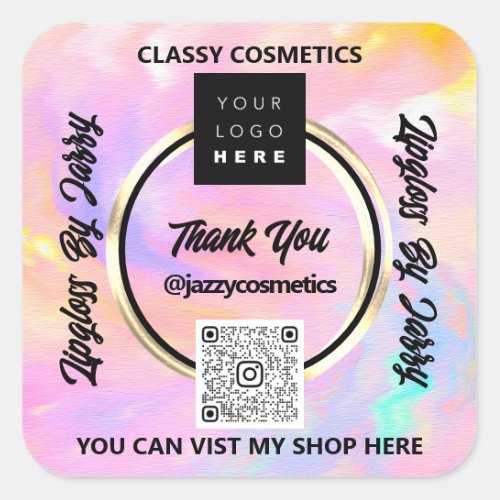Thank Business QR Code Logo Pink Holographic Scan Square Sticker
