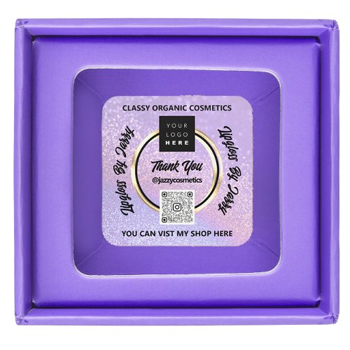 Thank Business QR Code Logo Purple Glitter Square Sticker