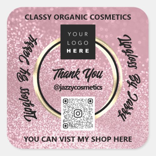 Thank Business QR Code Logo Rose Blush Glitter  Square Sticker
