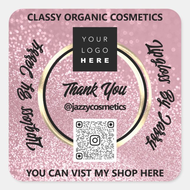 Thank Business QR Code Logo Rose Blush Glitter  Square Sticker (Front)