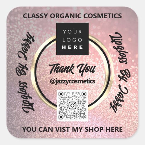 Thank Business QR Code Logo Rose Gold Glitter Square Sticker