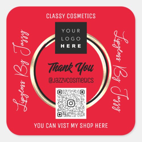 Thank Business QR Code Logo Scan Red Gold Square Sticker