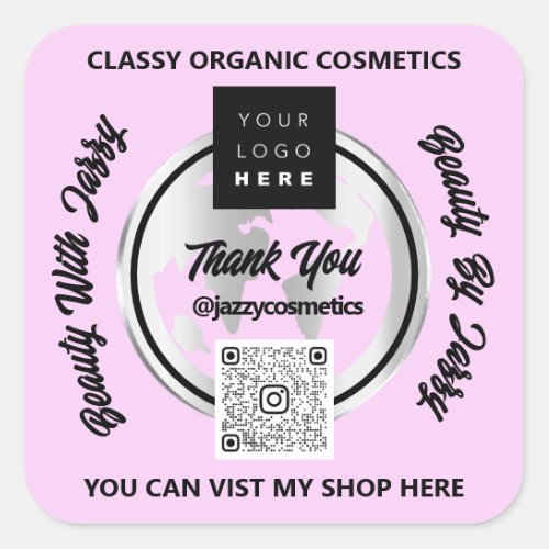 Thank Business QR Code Logo Silver Map Globe Pink Square Sticker