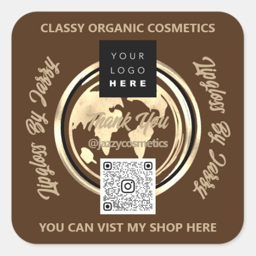 Thank Business QR Code Logo World Map Earth Brown Square Sticker