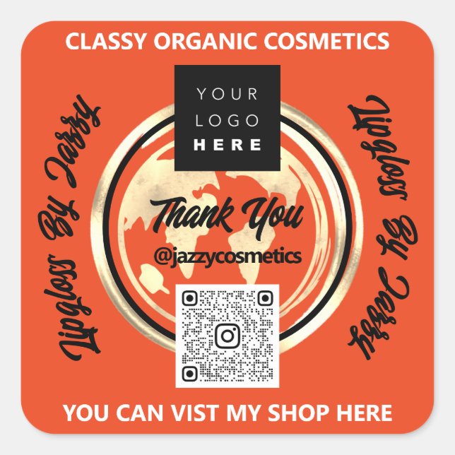 Thank Business QR Code Logo World Map Earth Orange Square Sticker (Front)